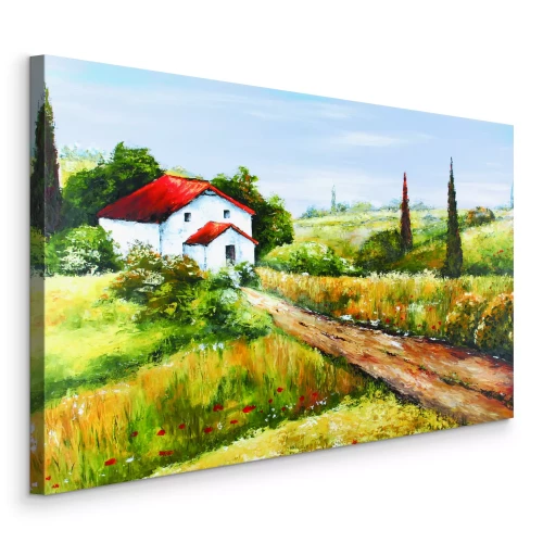 Tableau  Maison blanche peinte et prairie