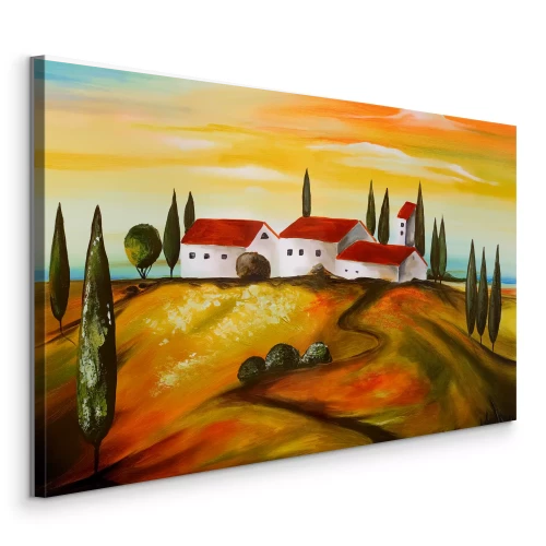 Tableau  Maisons blanches sur une colline entourées de cyprès