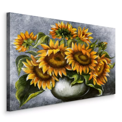 Tableau  Un bouquet de tournesols dans un vase sur fond gris
