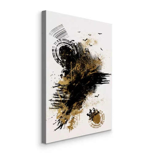 Tableau  Abstraction noire et or avec des oiseaux dans un style dynamique