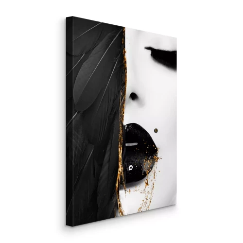 Tableau  Le visage d'une femme en noir et blanc recouvert de plumes noires.