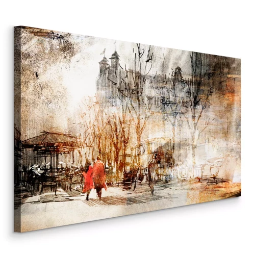 Tableau  Un couple se promène dans la ville dans un cadre artistique