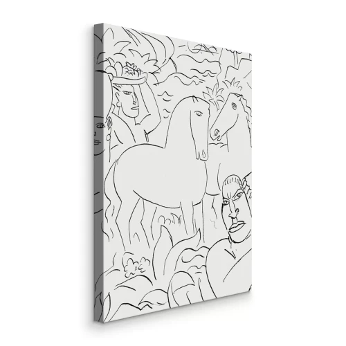 Tableau  Une silhouette tenant une cruche et des fruits parmi des chevaux