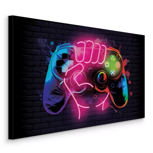 Tableau  Main néon tenant une manette de jeu