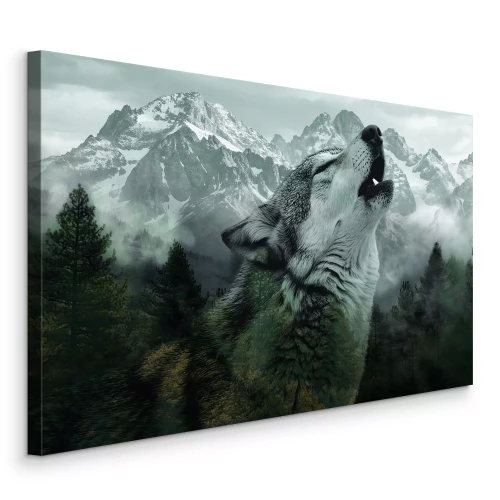 Tableau  Un loup solitaire sur fond de montagnes et d'épais peuplements d'épicéas