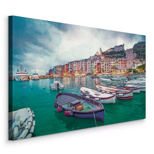 Tableau  Une ville de montagne avec des bateaux sur l'eau