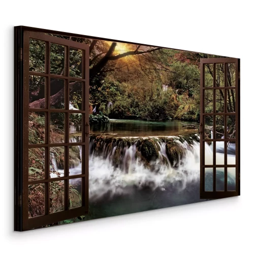 Tableau  Un ruisseau coule à travers la verdure à l'extérieur de la fenêtre