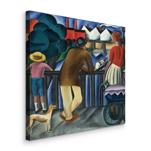 Tableau  Une famille sur un pont au-dessus d'une rivière