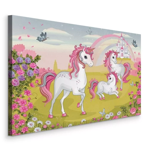 Tableau  Des licornes parmi les fleurs, avec un château en arrière-plan.
