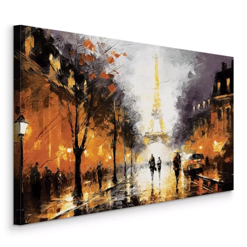 Tableau  Une rue parisienne illuminée la nuit avec la tour Eiffel