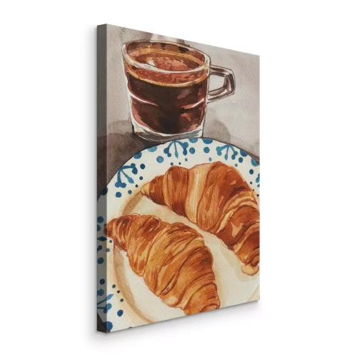 Tableau  Une assiette décorative avec des croissants et une tasse de café noir