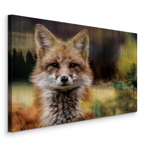 Tableau  Un renard se détachant sur le fond d'une forêt de conifères floue.