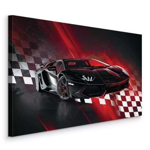 Tableau  Une voiture de sport dynamique avec un drapeau en arrière-plan