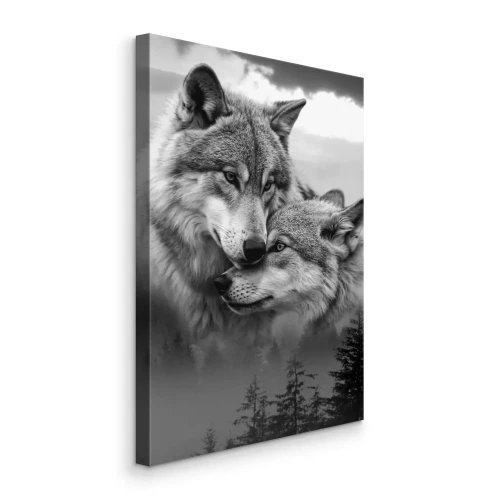 Tableau  Forêt brumeuse en noir et blanc avec des silhouettes de loups