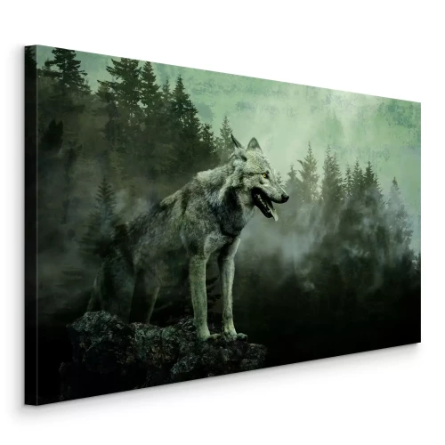 Tableau  Un paysage brumeux avec un loup parmi les pins