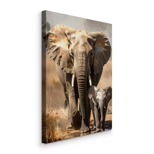 Tableau  Scène tropicale avec un éléphant adulte et un jeune éléphant