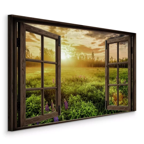 Tableau  La lumière dorée du soleil couchant illumine la prairie et la forêt