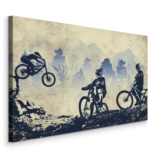 Tableau  Des cyclistes parmi les arbres et les montagnes