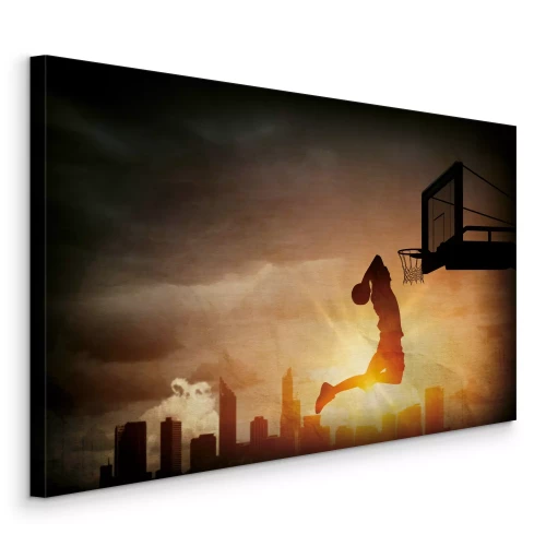 Tableau  Tir au panier d'un ballon de basket sur fond de ville