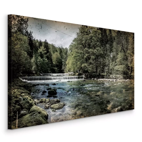 Tableau  Une rivière avec des pierres dans une forêt de feuillus