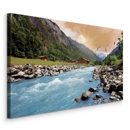 Tableau  Rivière de montagne au coucher du soleil