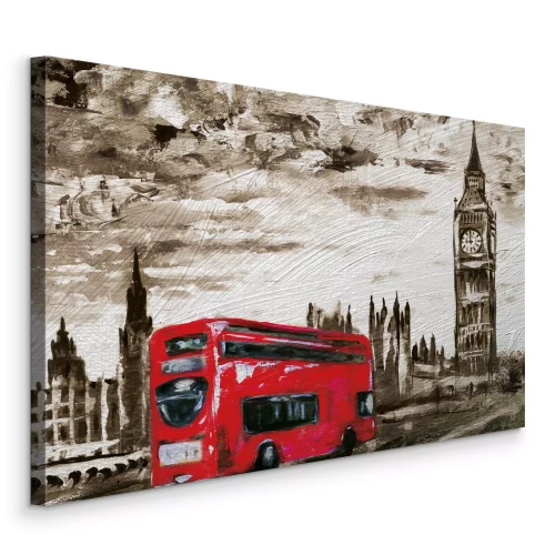 Tableau  Un bus rouge au milieu de la ville grise