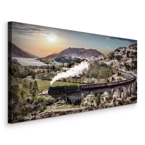 Tableau  Un train au milieu des montagnes et des lacs au coucher du soleil