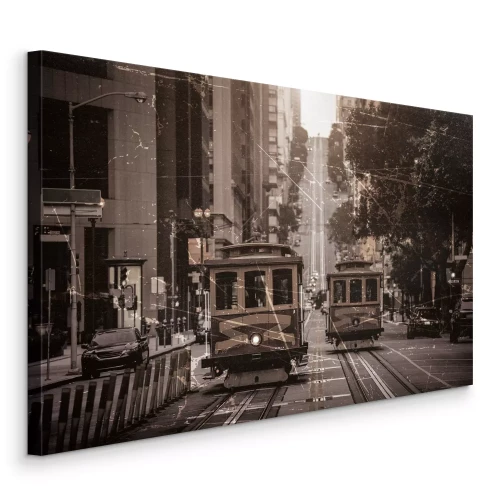 Tableau  Des tramways dans la ville, au milieu des arbres