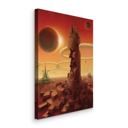 Tableau  Une ville au pied d'une tour sur une planète extraterrestre