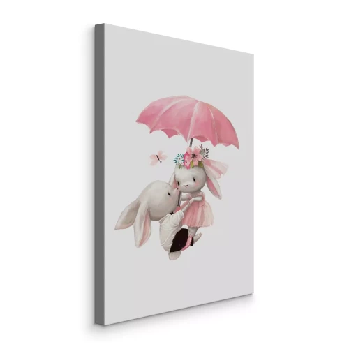 Tableau  Adorable scène avec un lapin, un papillon et un parapluie.