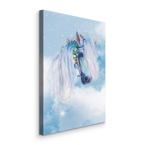 Tableau  Un cheval blanc orné d'une couronne de fleurs se détachant sur un fond de nuages légers.