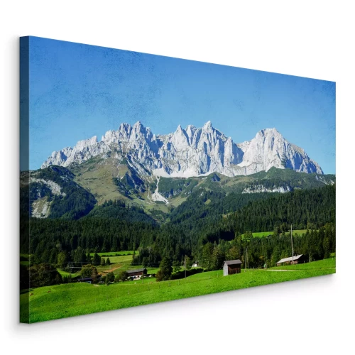 Tableau  Un village de montagne avec des cabanes en bois