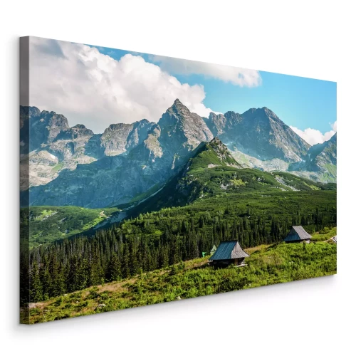 Tableau  Cabanes en bois au milieu des forêts de conifères de montagne