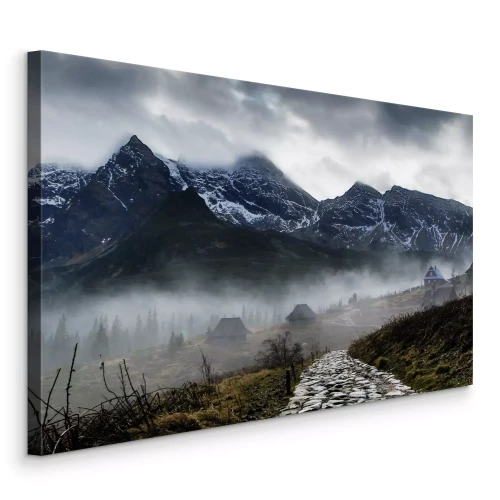 Tableau  Panorama brumeux de montagnes rocheuses le matin