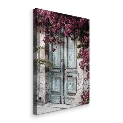 Tableau  Porte en bois dissimulée dans une couronne de plantes violettes