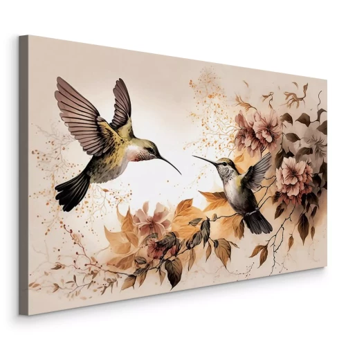 Tableau  Oiseaux printaniers planant au-dessus de fleurs colorées