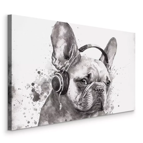 Tableau  Un portrait minimaliste d'un chien portant un casque audio.