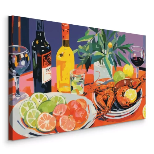 Tableau  Un délicieux mélange de crevettes, de fruits et de vin