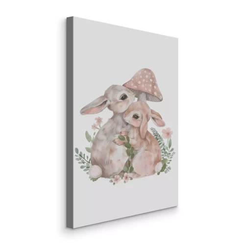 Tableau  Des lapins parmi les feuilles et les champignons rouges