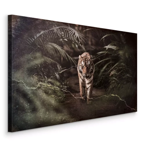 Tableau  Un tigre dans un fourré tropical de feuilles