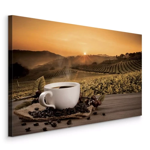 Tableau  Une tasse de café fumante sur fond de soleil couchant