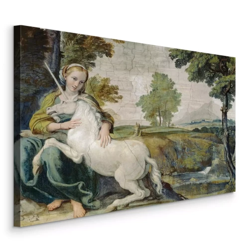 Tableau  Femme avec une licorne dans un jardin
