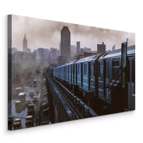 Tableau  Un train avec un panorama de gratte-ciel en arrière-plan