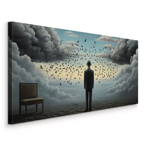 Tableau  Un homme avec une volée d'oiseaux et une chaise en arrière-plan