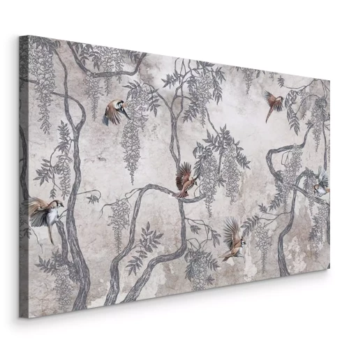 Tableau  Arbres naturels avec végétation verte et oiseaux