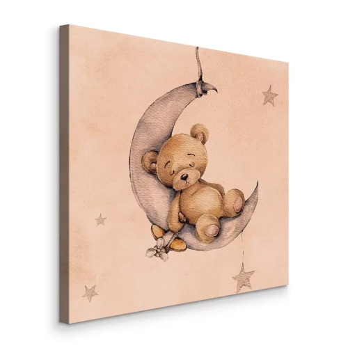 Tableau  Un ours en peluche dort sur la lune, entouré d'étoiles.