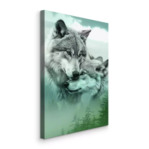 Tableau  Des loups mystérieux dans le brouillard d'une dense forêt de conifères