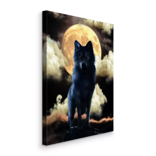 Tableau  Un loup féroce se détachant sur le fond d'une pleine lune brillante la nuit