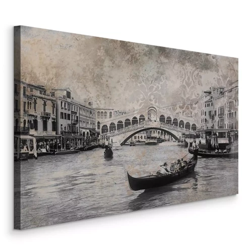 Tableau  Scène monochrome du pont du Rialto avec des gondoles