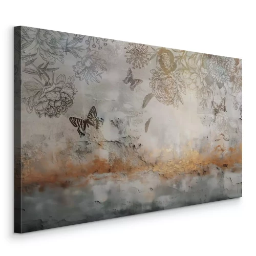 Tableau  Croquis de fleurs et de papillons sur un mur en béton